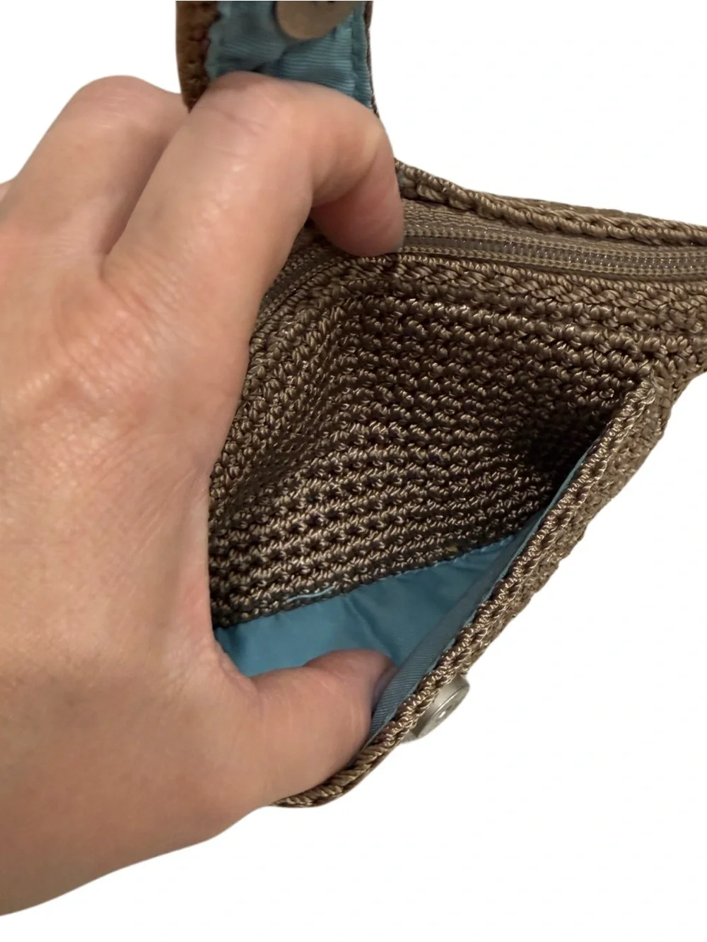The Sak Brown Tan Wristlet Nylon Clutch Blue Lined Silver Hardware Crochet Strap